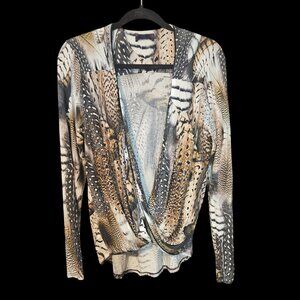 Hale & Bob Women’s Feather Print Drape Front Top Size Medium